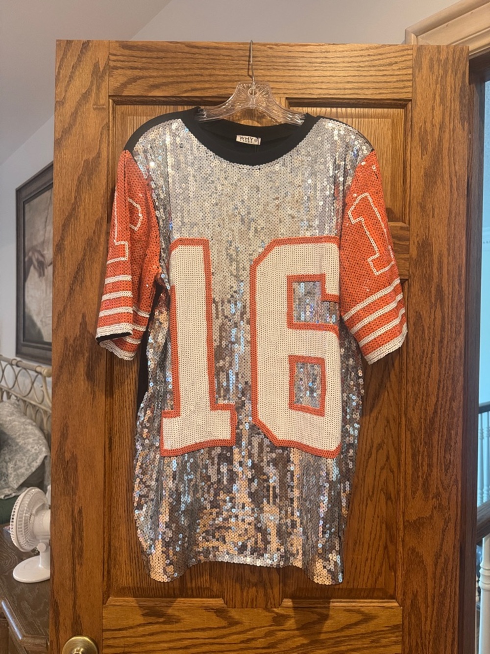 Sequin Football Jersey Dress- Silver with Orange Accents